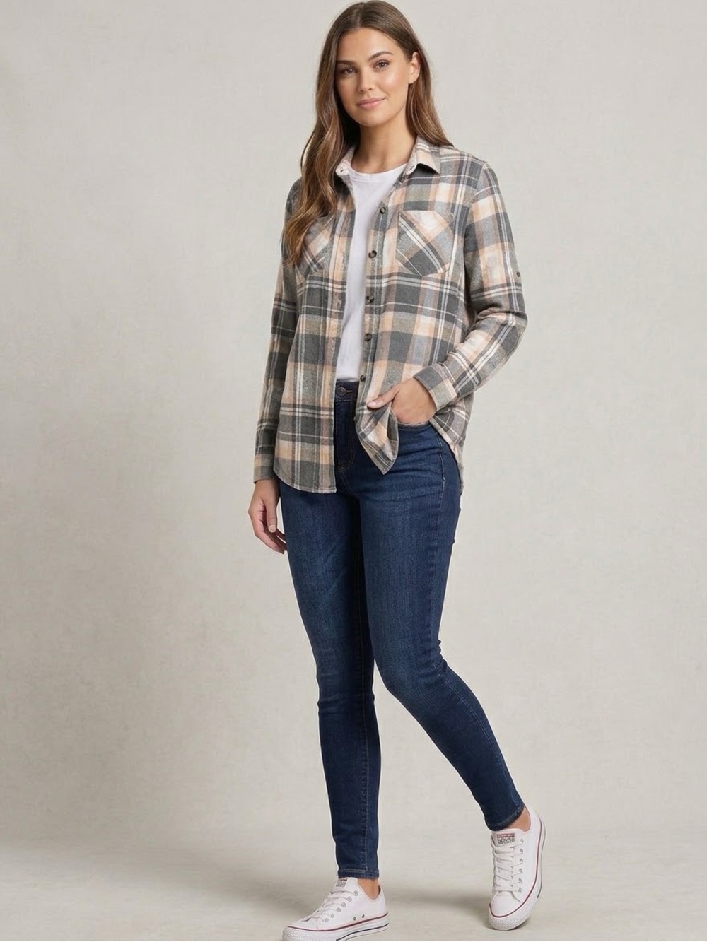 Women's Plaid Button-Down Shirt in Gray & Peach
